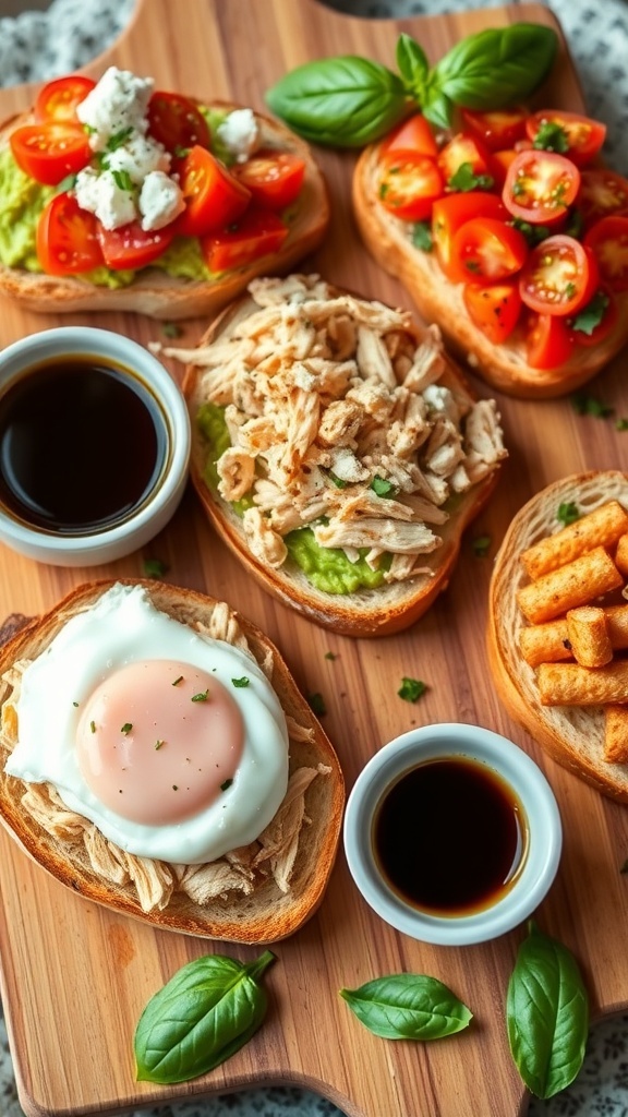 Savory Dinner Toast Recipes An array of dinner toasts with avocado, chicken, and egg toppings on a rustic wooden board.